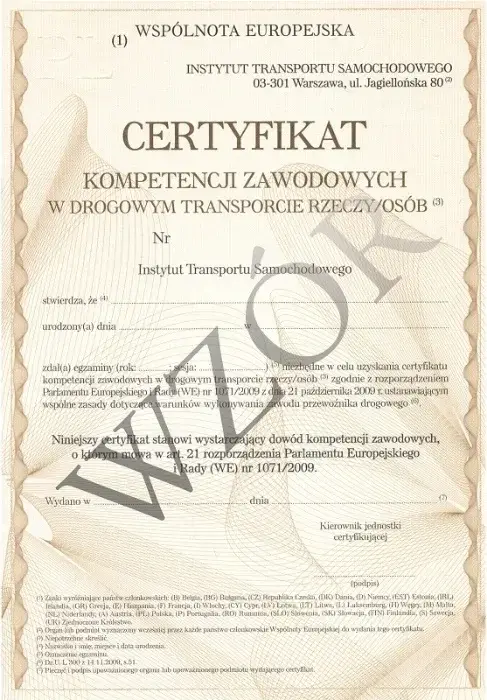 Certyfikat kompetencji przewóz osób rzeczy BEZ ZUS faktura VAT