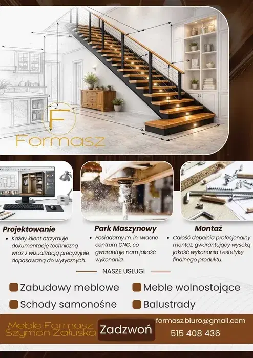 Stolarz, Zabudowy meblowe, Kuchnie, Schody stalowe, samonośne - Projek