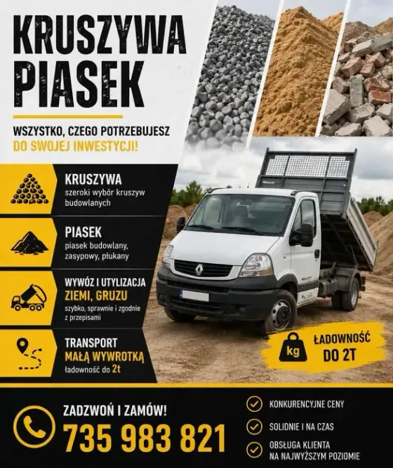 Piasek,kamień,wywóz ziemi i gruzu.Wywrotka do 3,5t