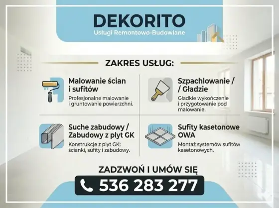 Usługi Remontowo-Budowlane DEKORITO szpachlowanie, malowanie, owa, gk