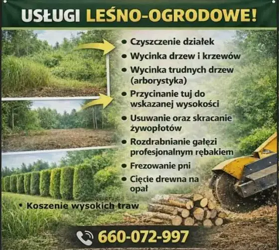Wycinka drzew krzewów koszenie przycinka tuj rębak frezowanie pni
