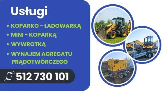 Usługi koparko-ładowarką Brzeziny, Nowosolna+20km Koparka Piasek