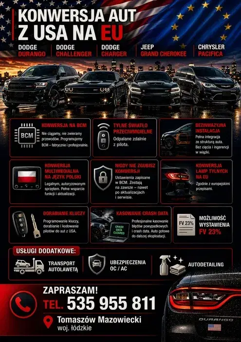 Konwersja aut USA na EU Dodge Jeep Chrysler BCM klucze crash data